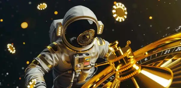 futuristic scene featuring an astronaut floating in space near a glowing golden roulette wheel with casino chips floating around